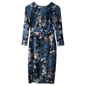 Liang & Tang Silk Cherry Blossom Floral Sheath Dress Blue Size 36 Size 2 XS